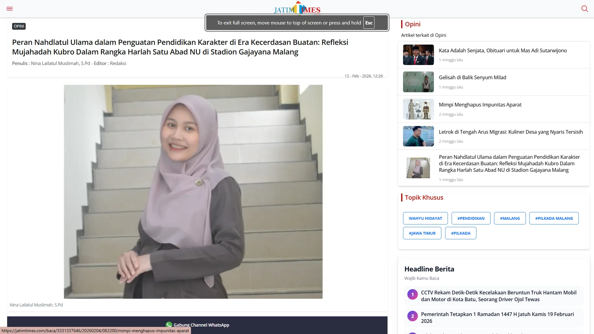 Tulisan inspirasi: Peran Nahdlatul Ulama dalam Penguatan Pendidikan Karakter di Era Kecerdasan Buatan: Refleksi Mujahadah Kubro dalam Rangka Harlah Satu Abad NU di Stadion Gajayana Malang